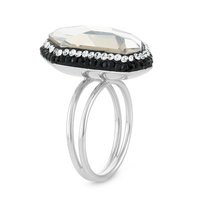 Rhodium Plated Sterling Silver Asymmetrical Clear and Black Pave Crystal Ring