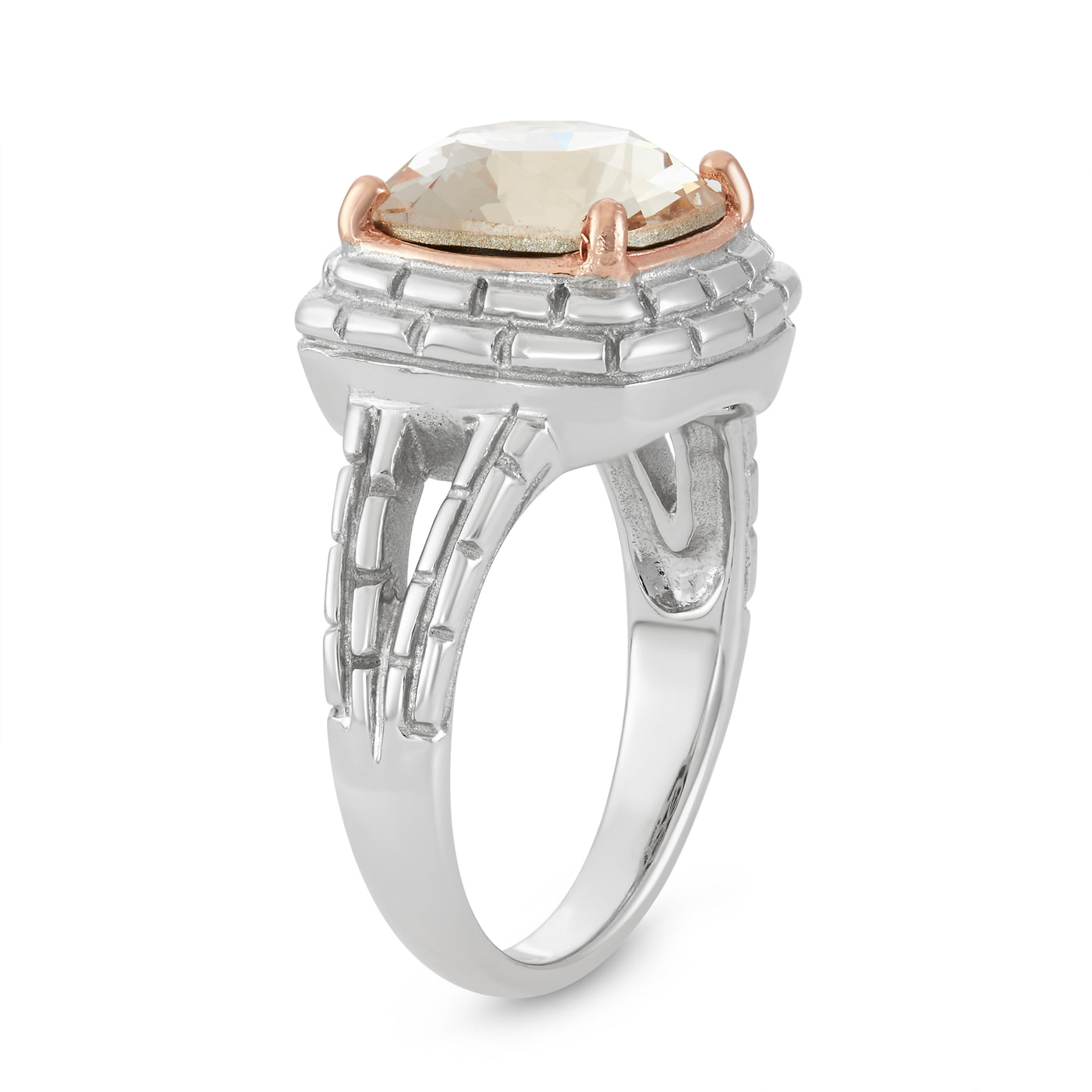 Rhodium and Rose Gold Plated Sterling Silver Cushion Cut Ring With Silk Crystal Elements
