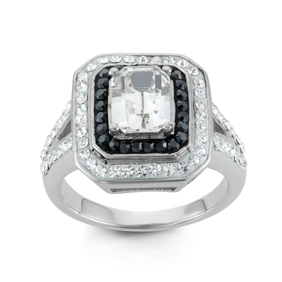 Rhodium Plated Sterling Silver Square Ring With Jet Hematite and Clear Crystal Elements