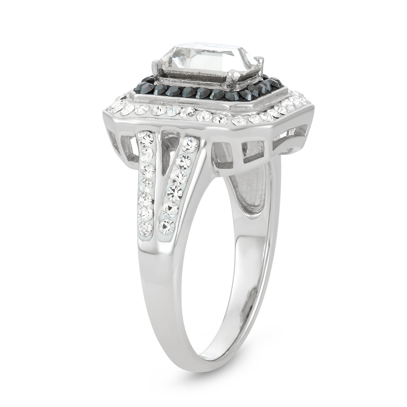 Rhodium Plated Sterling Silver Square Ring With Jet Hematite and Clear Crystal Elements