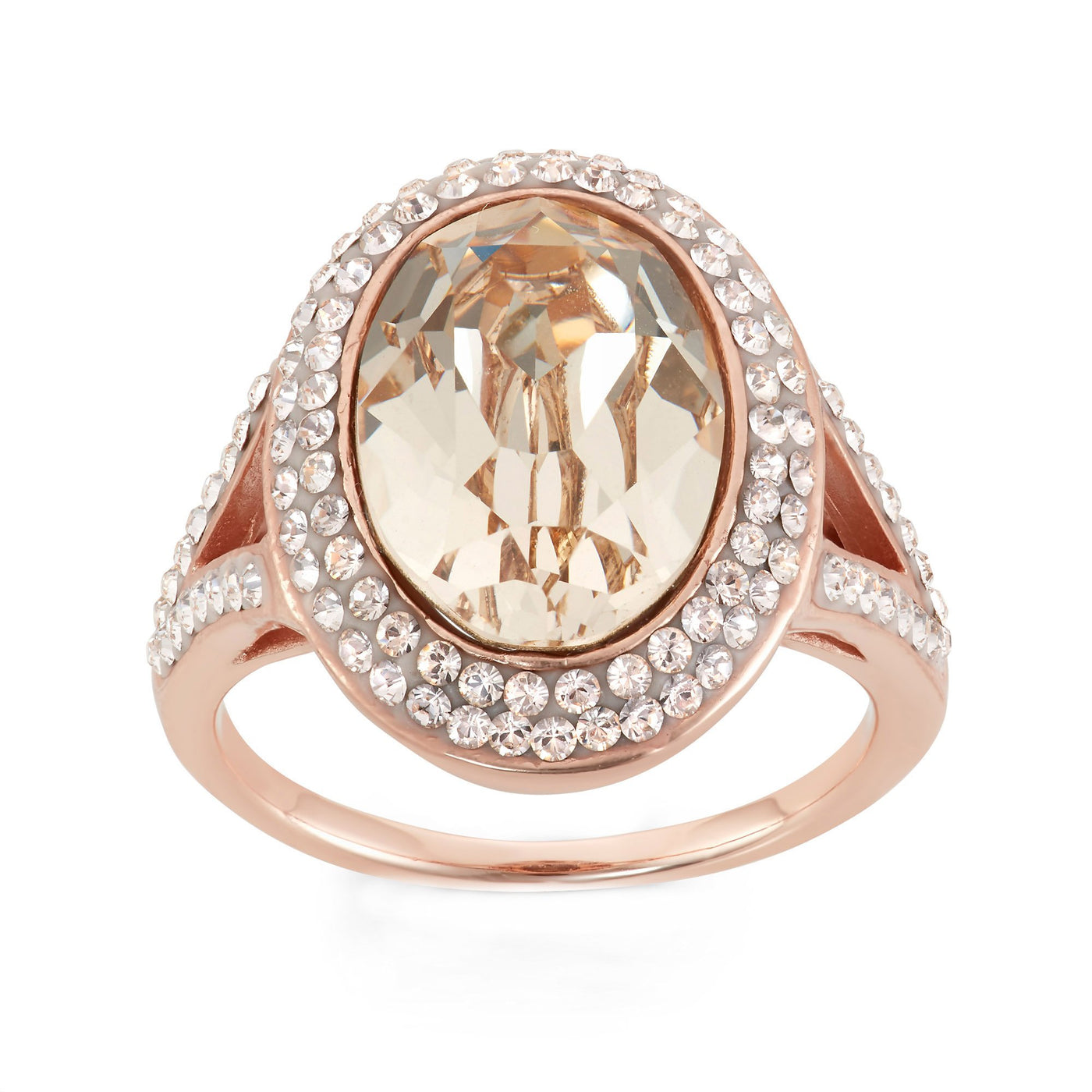 Rose Gold Plated Sterling Silver Oval Ring With Light Silk Crystal Elements