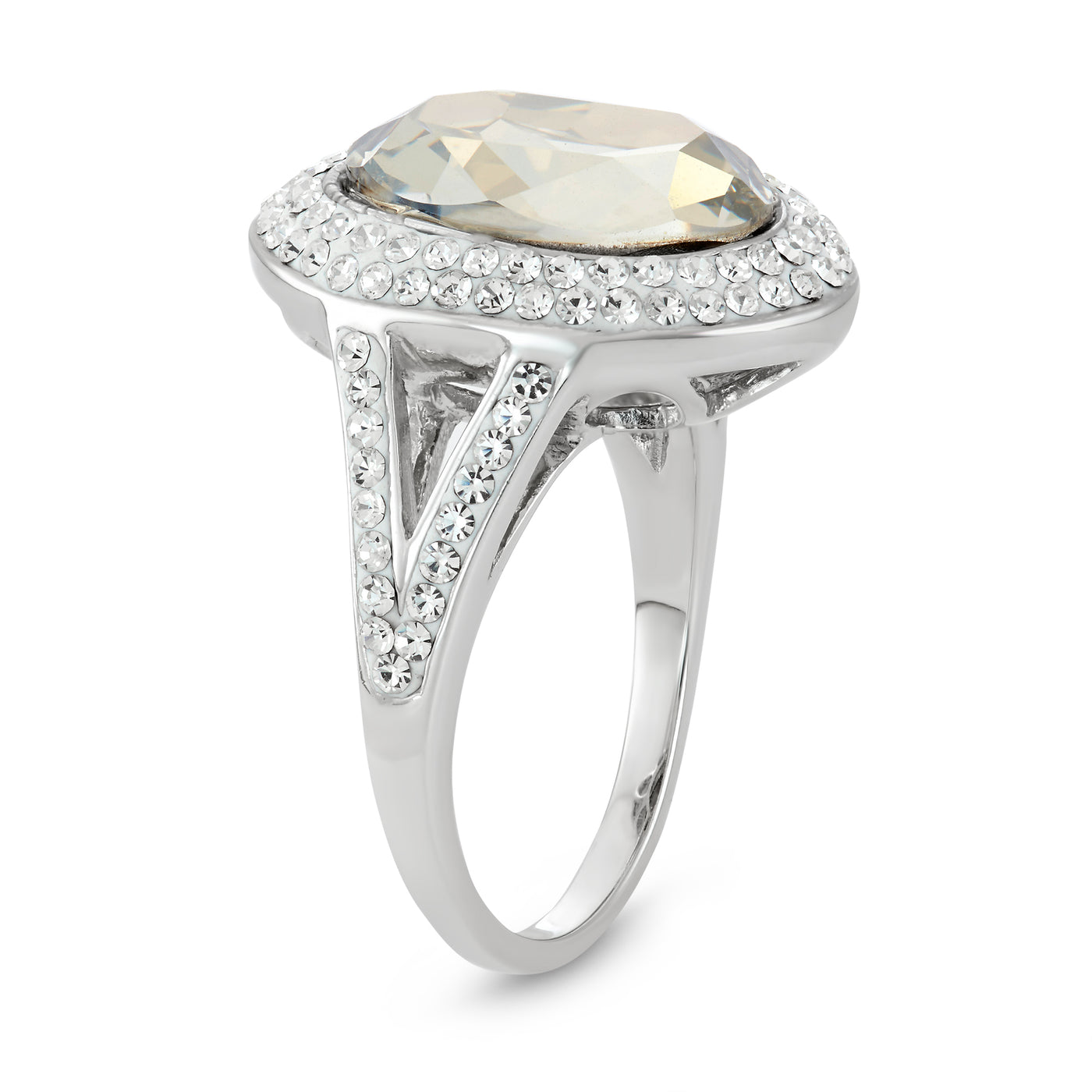Rhodium Plated Sterling Silver Oval Ring With Clear and Silver Shade Crystal Elements