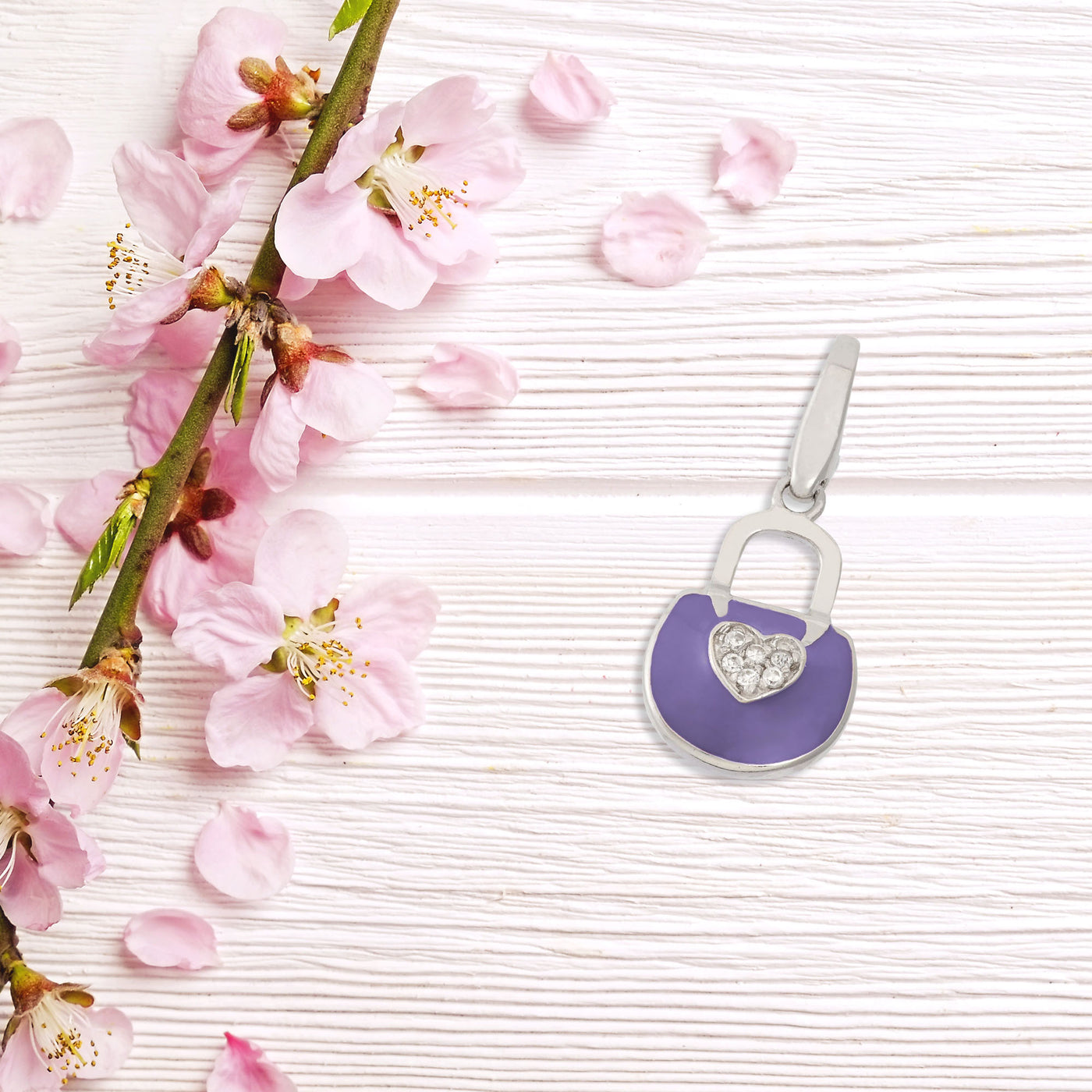 Sterling Silver Pocketbook With Lavender Enamel And White CZ Heart Charm