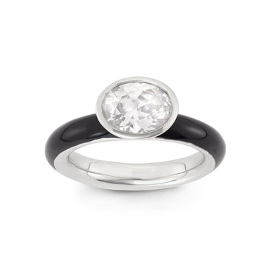 Sterling Silver Spinning Ring With Black Lacquer and White Oval CZ Center Stone