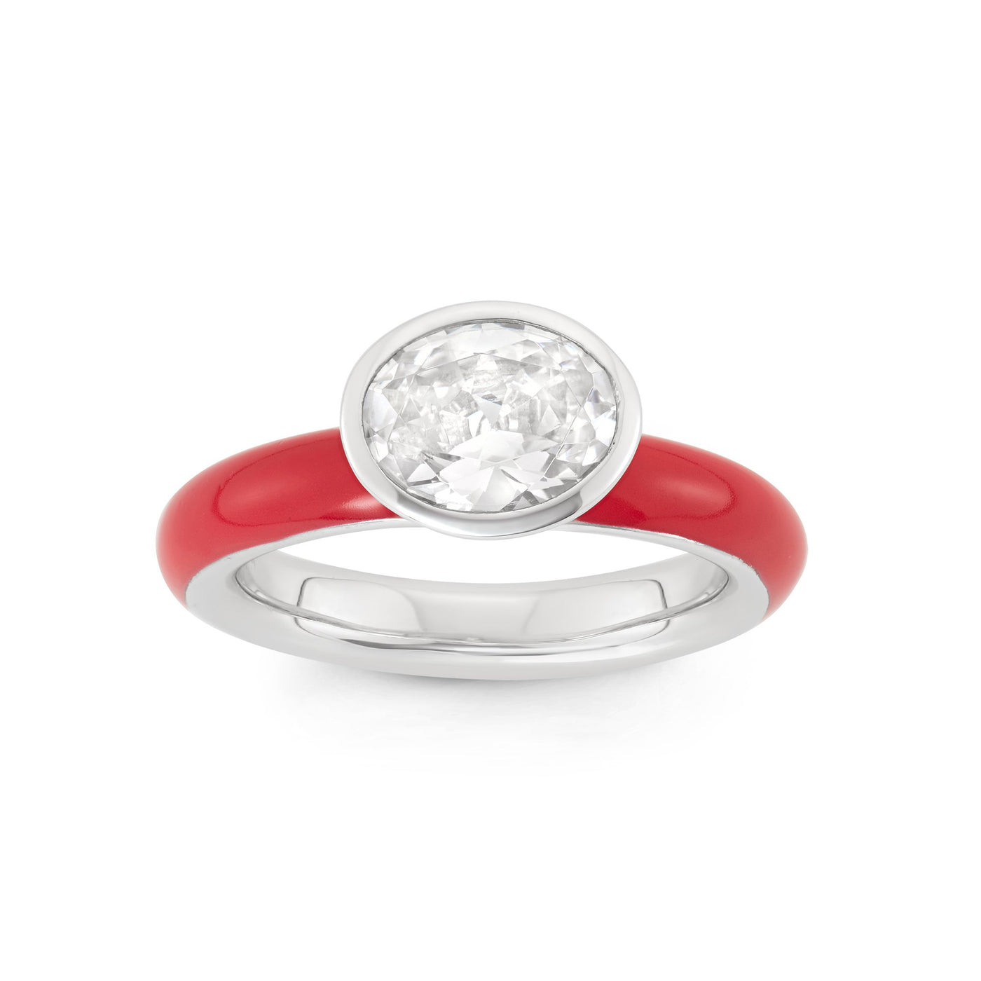 Sterling Silver Spinning Ring With Red Lacquer and White Oval CZ Center Stone