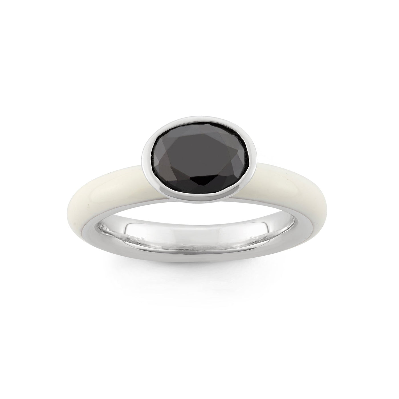 Sterling Silver Spinning Ring With White Lacquer and Black Oval CZ Center Stone