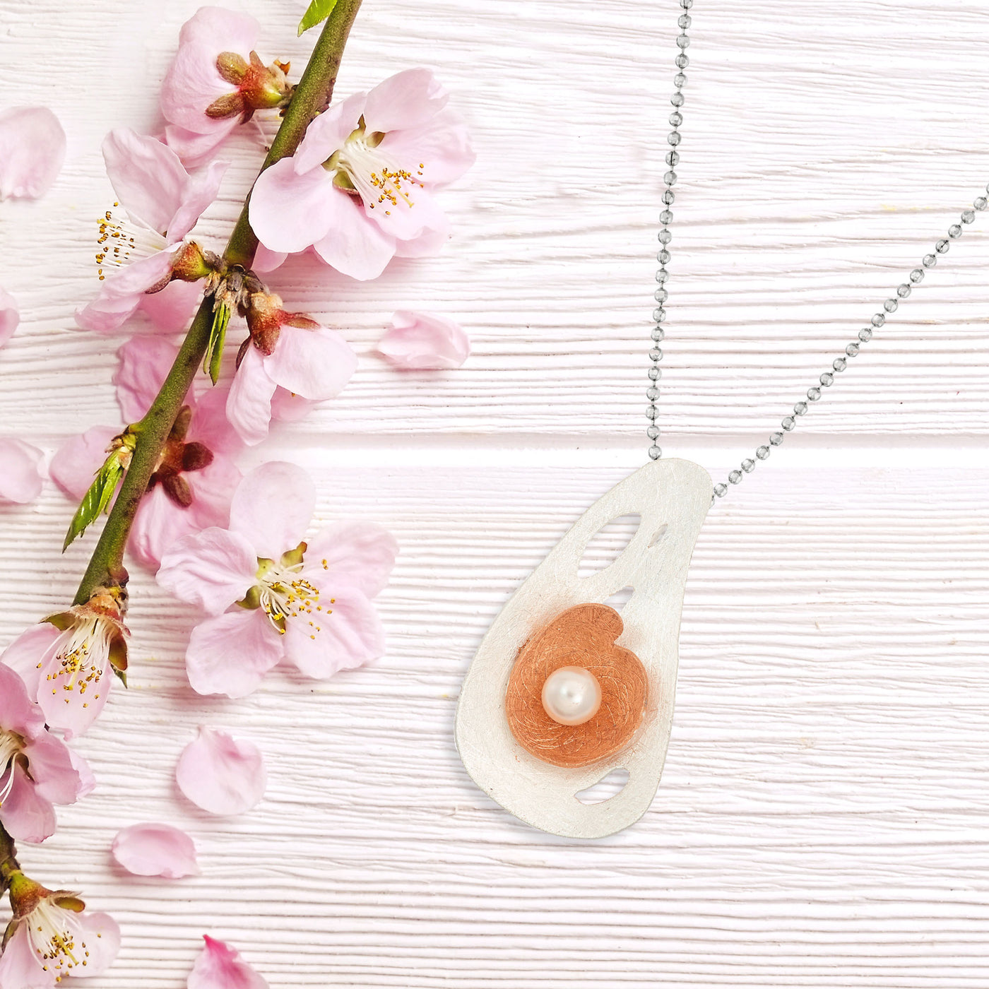 Rose Gold Plated Sterling Silver Floating Flower with Pearl Pendant Necklace