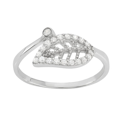 Sterling Silver Leaf Ring With CZ Stones