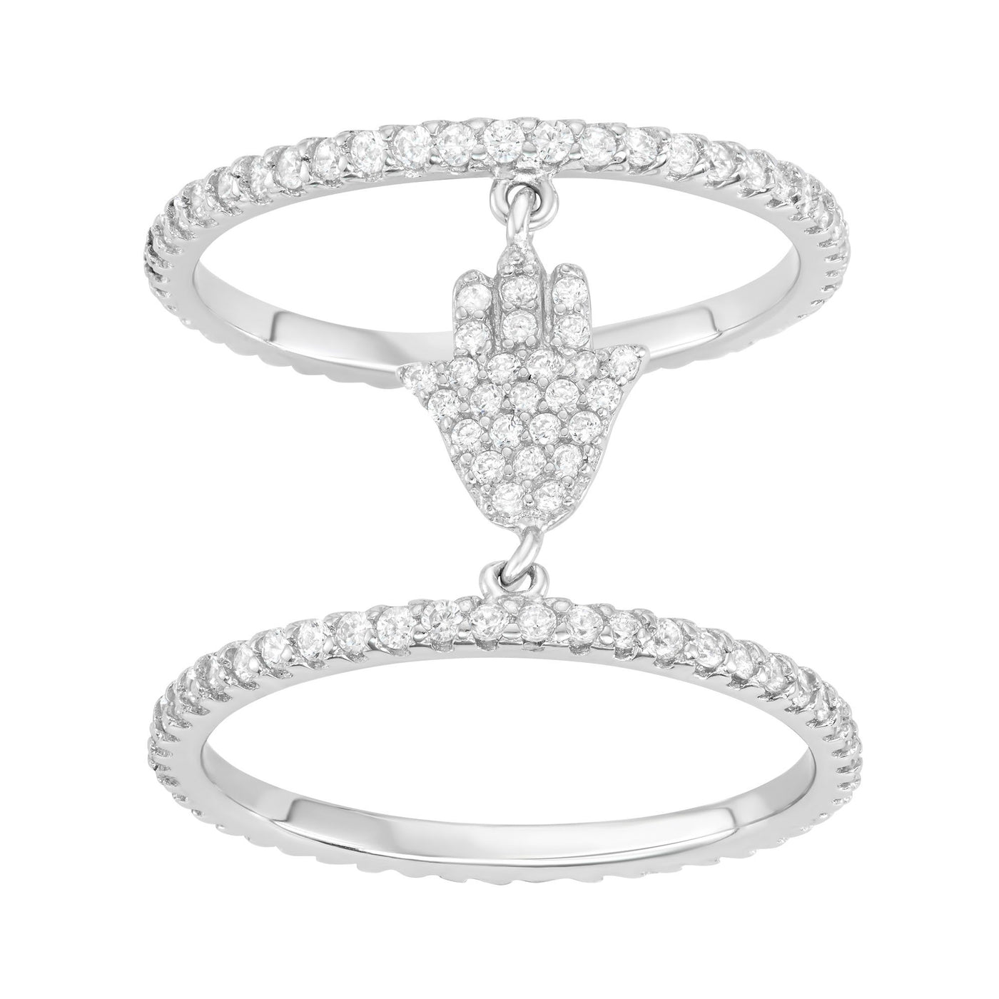Sterling Silver Double Layered Hamsa Hand Ring With CZ Stones