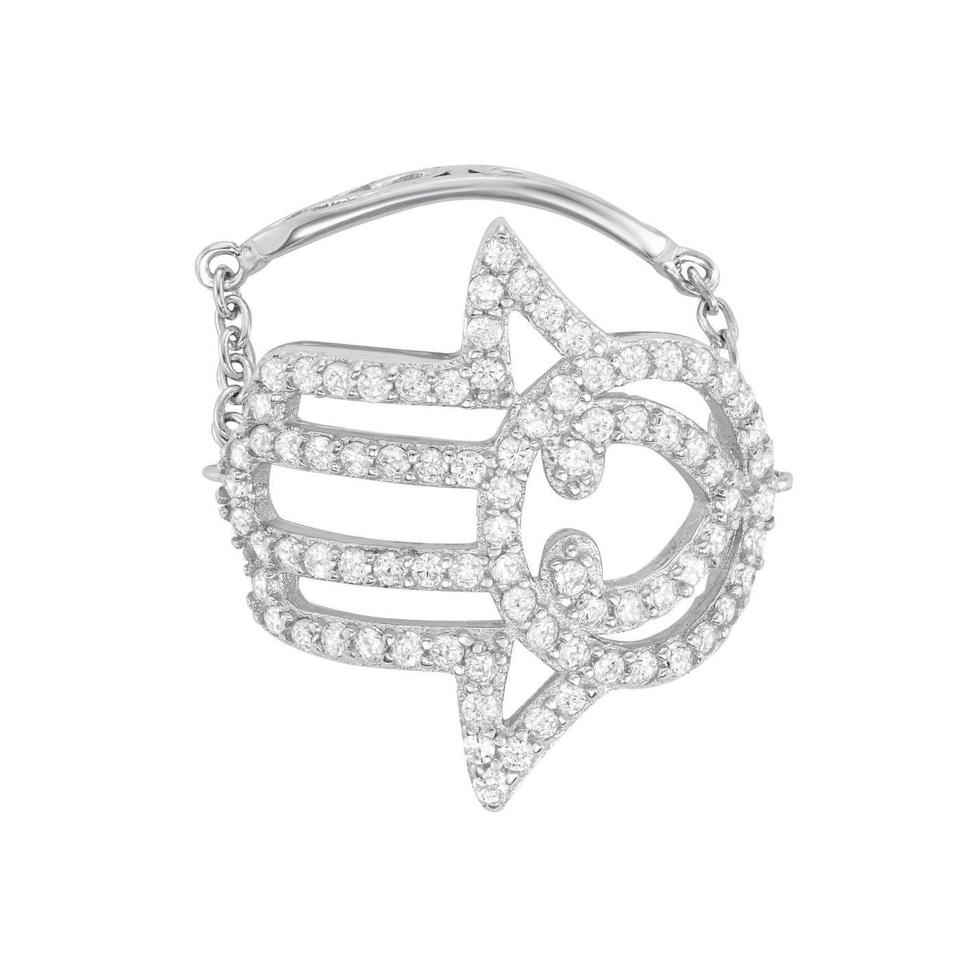 Sterling Silver Hamsa Hand Chain Ring With CZ Stones