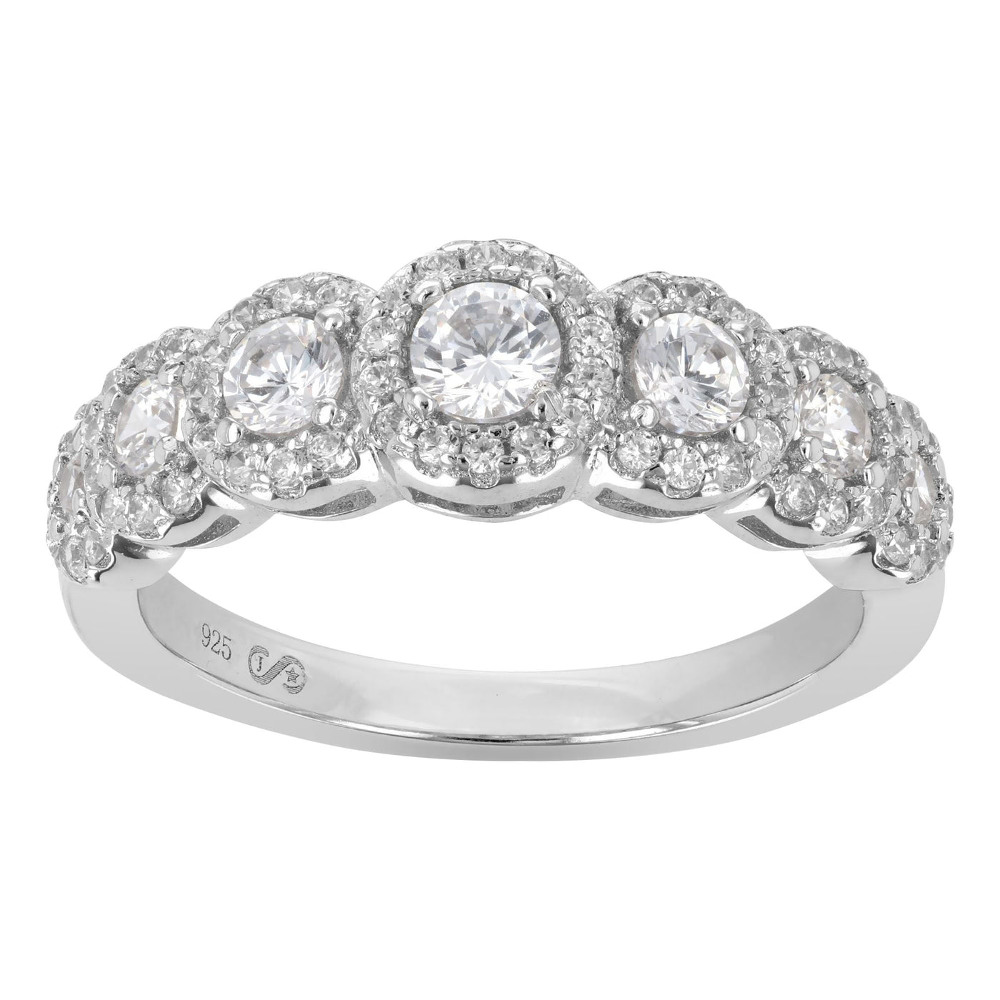 Sterling Silver Seven Station Round Clear CZ With Pave Clear CZ Ring
