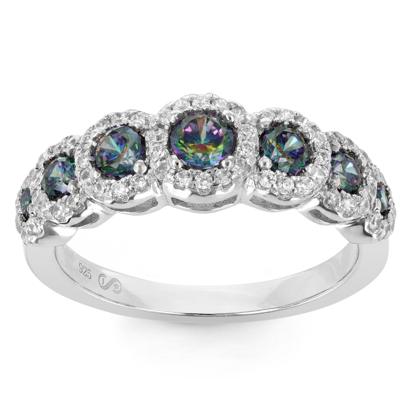 Sterling Silver 7 Station Round Mystic Topaz CZ With Pave Clear CZ Ring