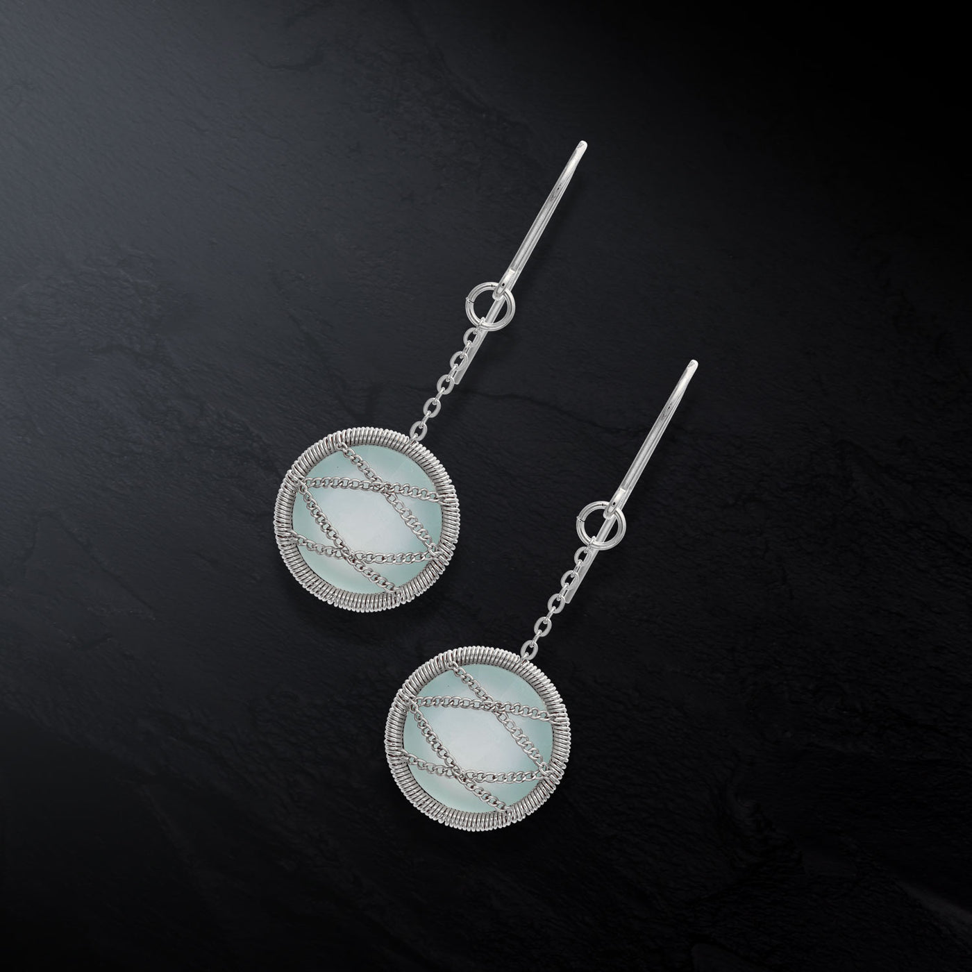 Sterling Silver Hand Wrapped Round Chalcedony Stone Earring