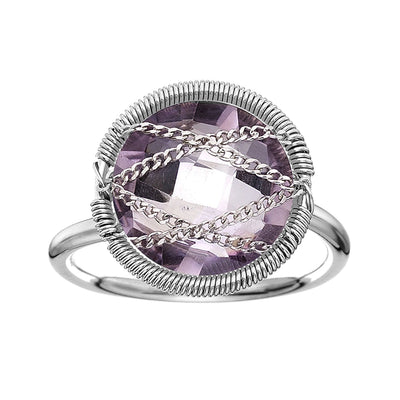 Sterling Silver Hand Wrapped Round Amethyst Stone Ring