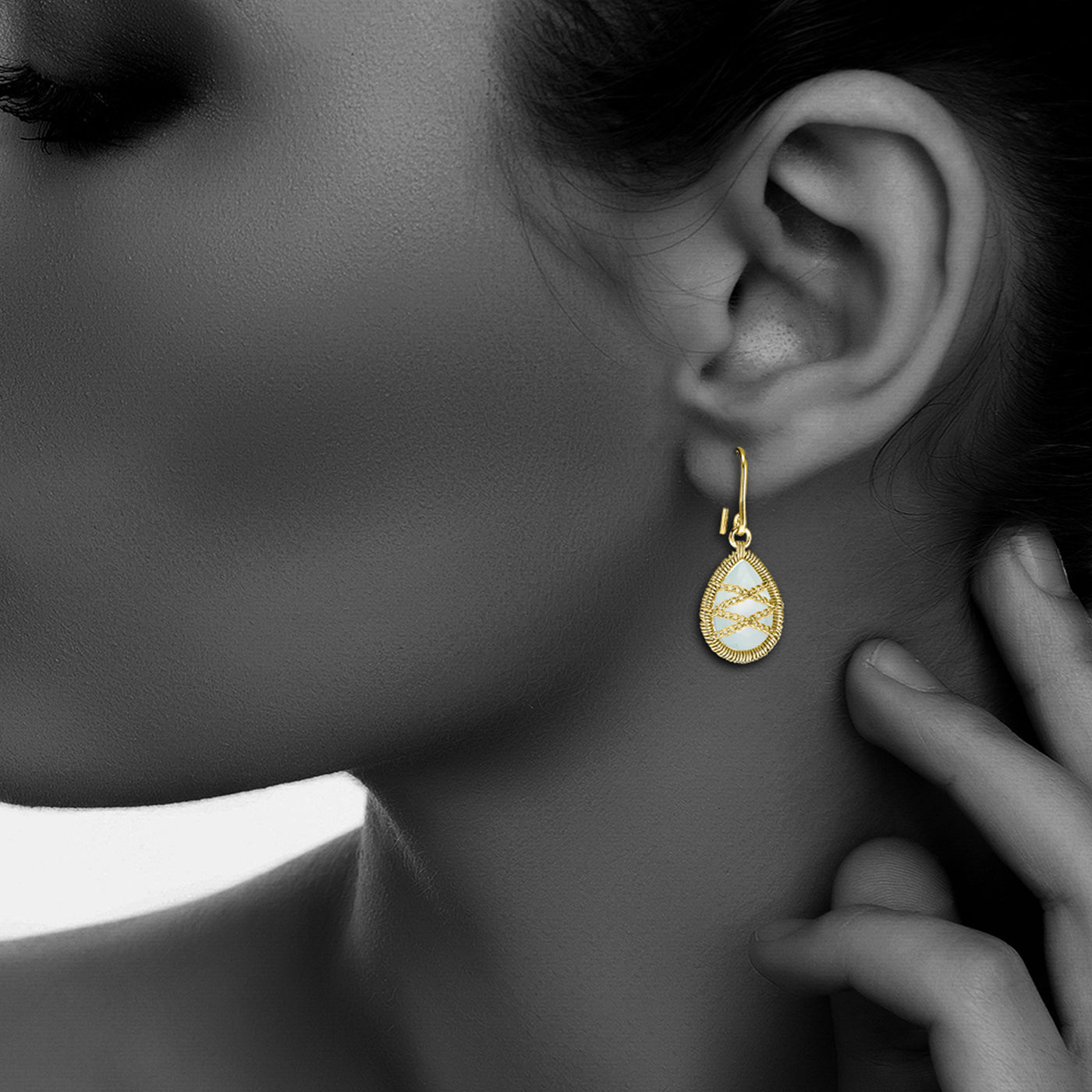 Gold Plated Sterling Silver Hand Wrapped Teardrop Chalcedony Earring