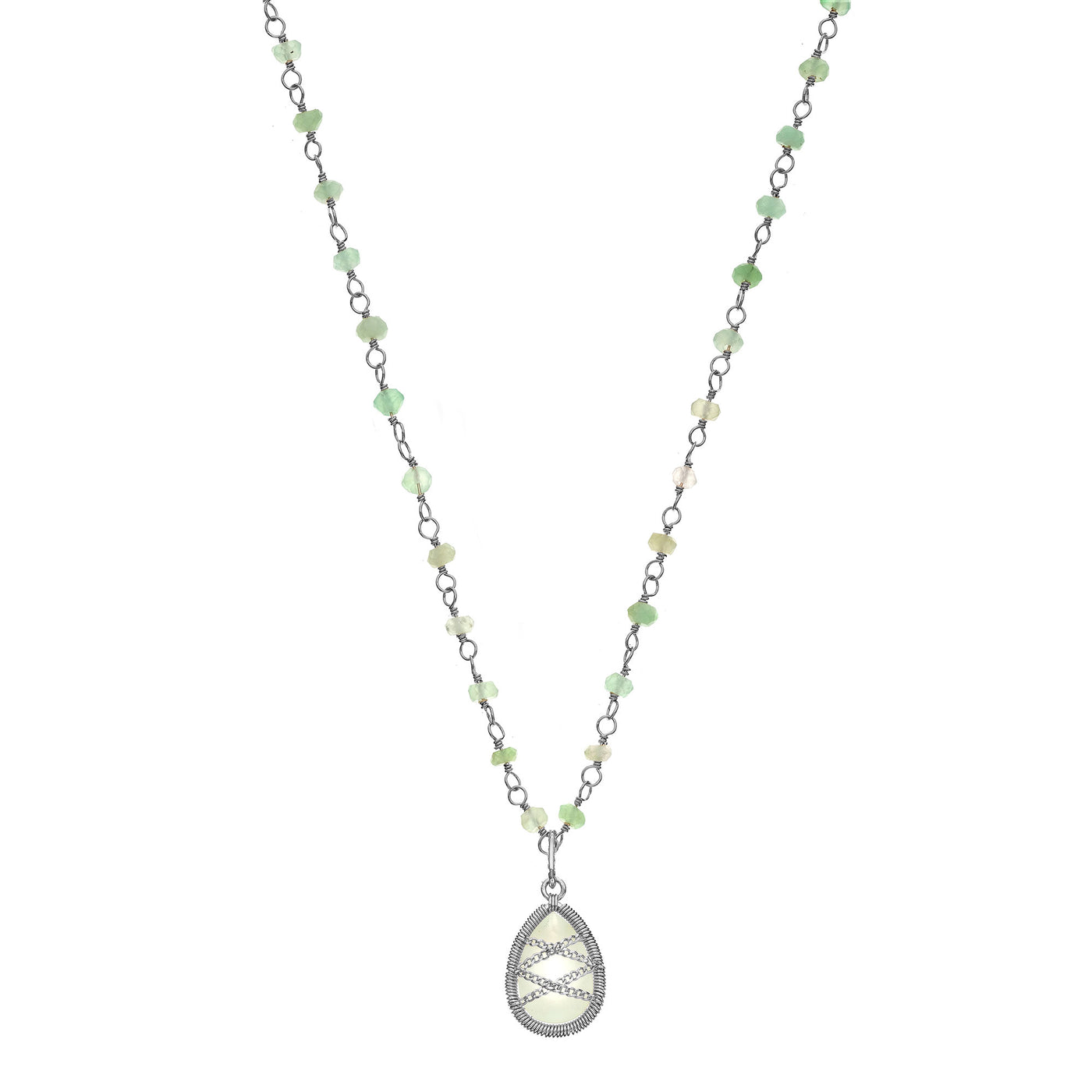Sterling Silver Hand Wrapped Beaded Chalcedony Stone Pendant Necklace