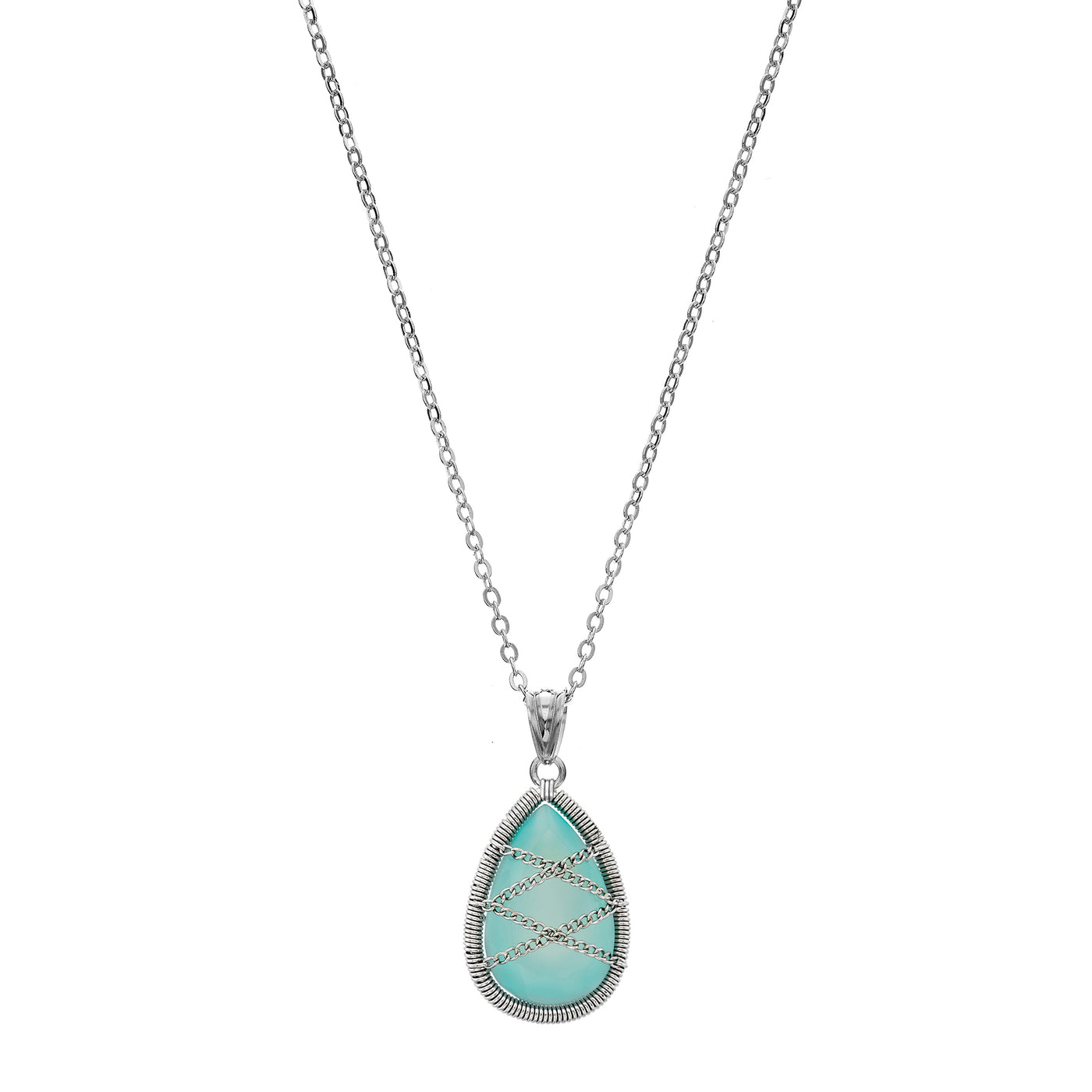 Sterling Silver Hand Wrapped Teardrop Chalcedony Stone Pendant Necklace