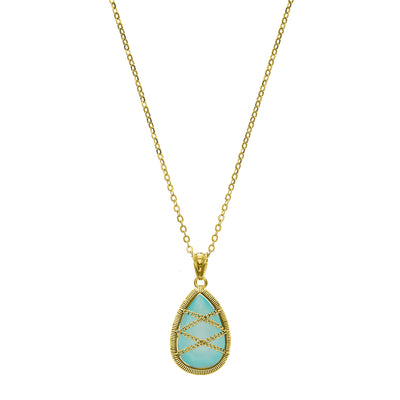 Gold Plated Sterling Silver Hand Wrapped Teardrop Chalcedony Stone Pendant Necklace