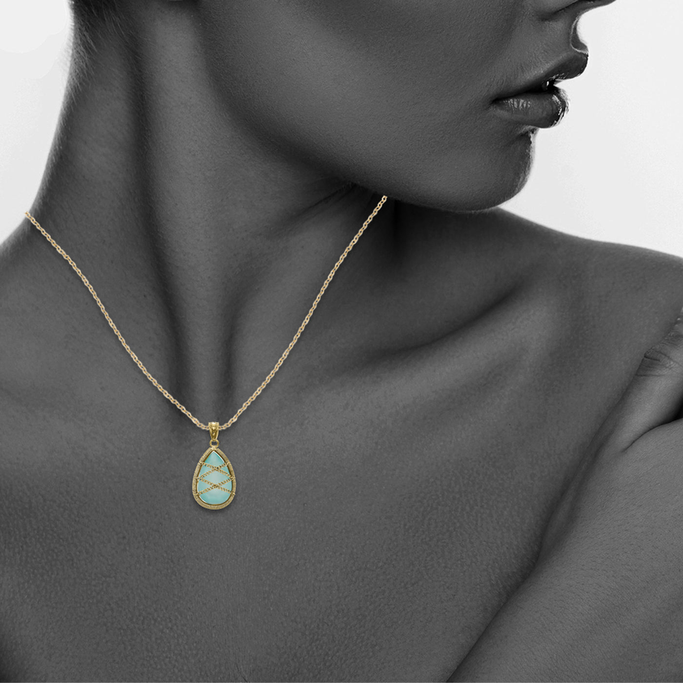 Gold Plated Sterling Silver Hand Wrapped Teardrop Chalcedony Stone Pendant Necklace