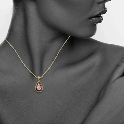 Gold Plated Sterling Silver Hand Wrapped Teardrop Amethyst Stone Pendant Necklace