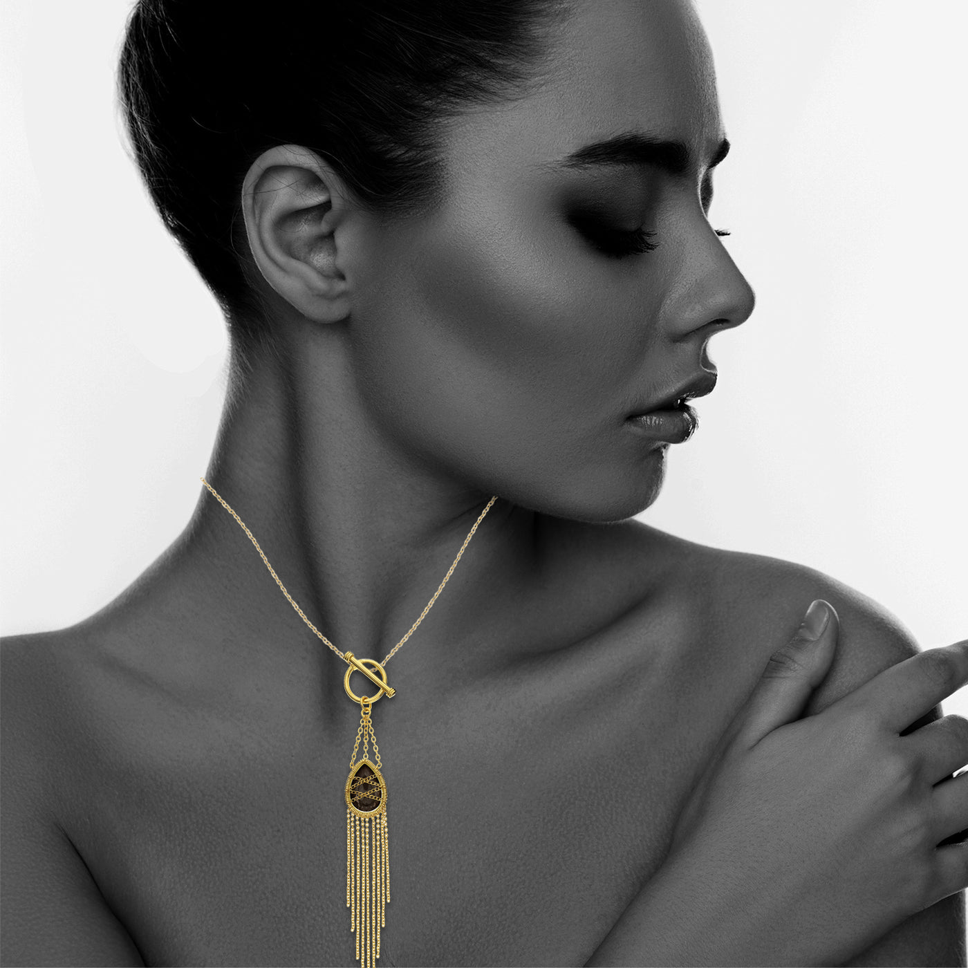 Gold Plated Sterling Silver Hand Wrapped Drape Chain Toggle Hanging Teardrop Smoky Quartz Stone Pendant Necklace