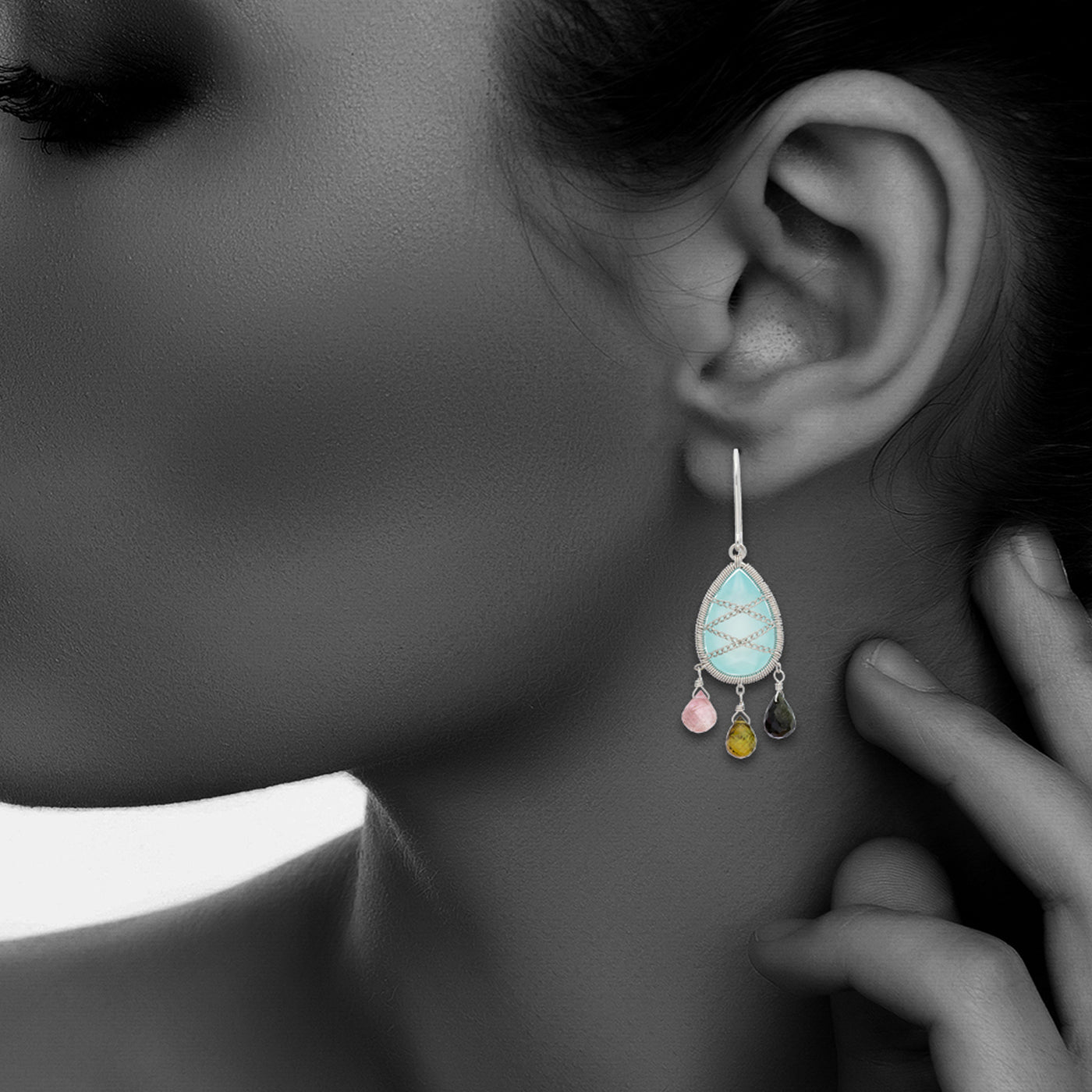 Sterling Silver Hand Wrapped Teardrop Chandelier Chalcedony And Multicolor Stone Earring