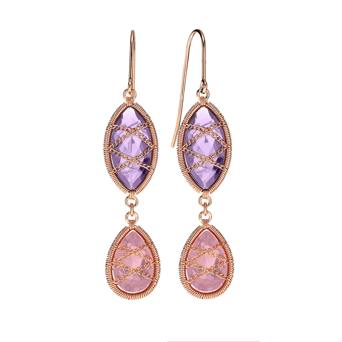 Rose Gold Plated Sterling Silver Hand Wrapped Double Drop Amethyst And Rose Quartz Stone Earring