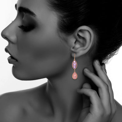 Rose Gold Plated Sterling Silver Hand Wrapped Double Drop Amethyst And Rose Quartz Stone Earring