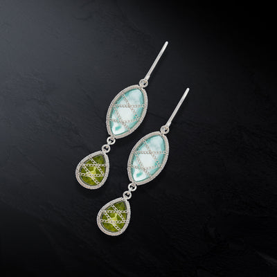 Sterling Silver Hand Wrapped Double Drop Chalcedony And Peridot Stone Earring