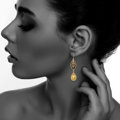Gold Plated Sterling Silver Hand Wrapped Double Drop Smoky Quartz And Citrine Stone Earring