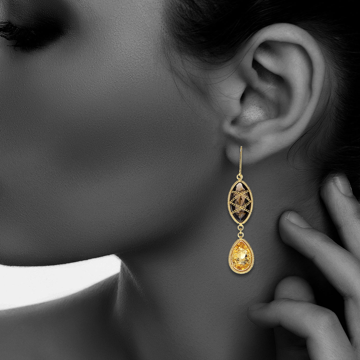 Gold Plated Sterling Silver Hand Wrapped Double Drop Smoky Quartz And Citrine Stone Earring