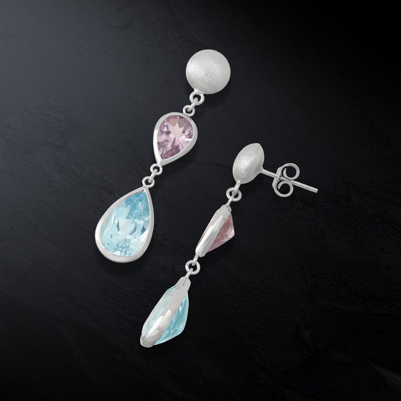 Sterling Silver Bead And Bezel Double Teardrop Drop Earring With Amethyst And Blue Topaz Gemstone