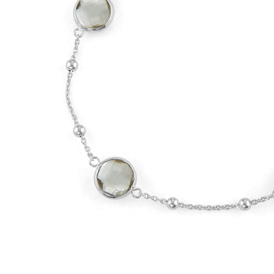 Sterling Silver Bezel Bracelet With Small Silver Stations And Green Amethyst Round Gemstones