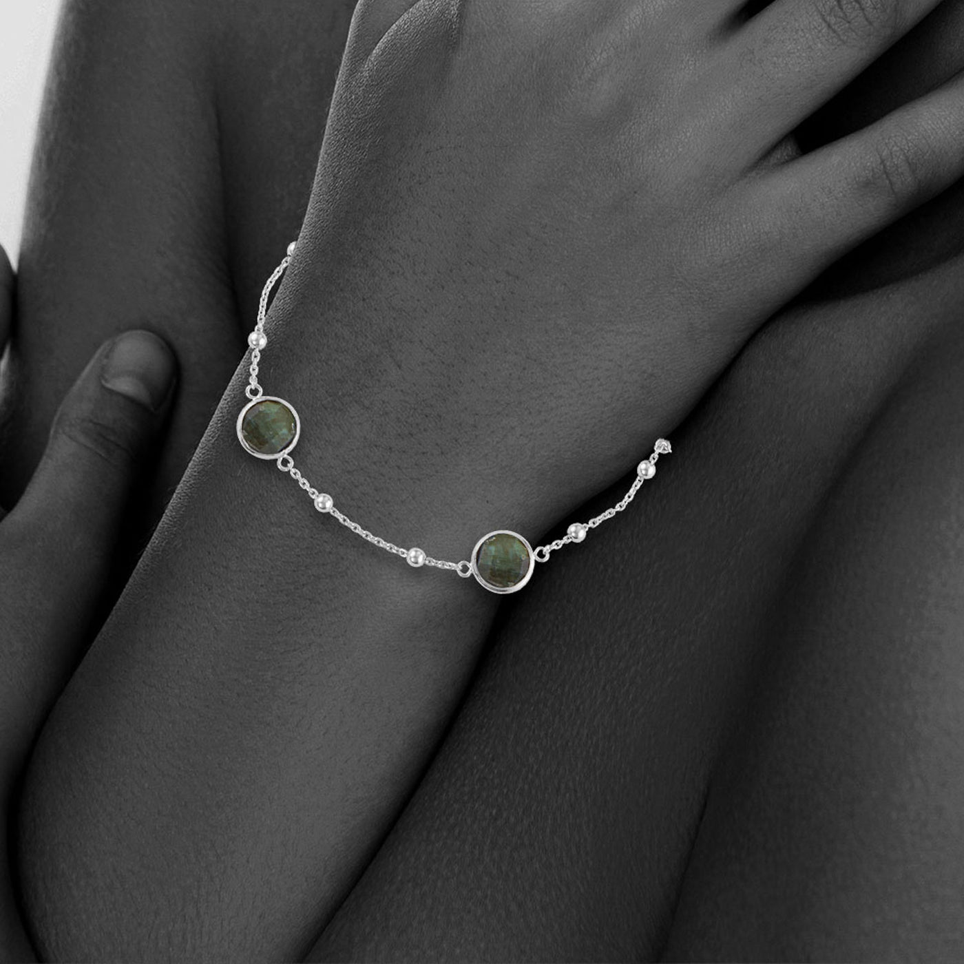 Sterling Silver Bezel Bracelet With Small Silver Stations And Labradorite Round Gemstones