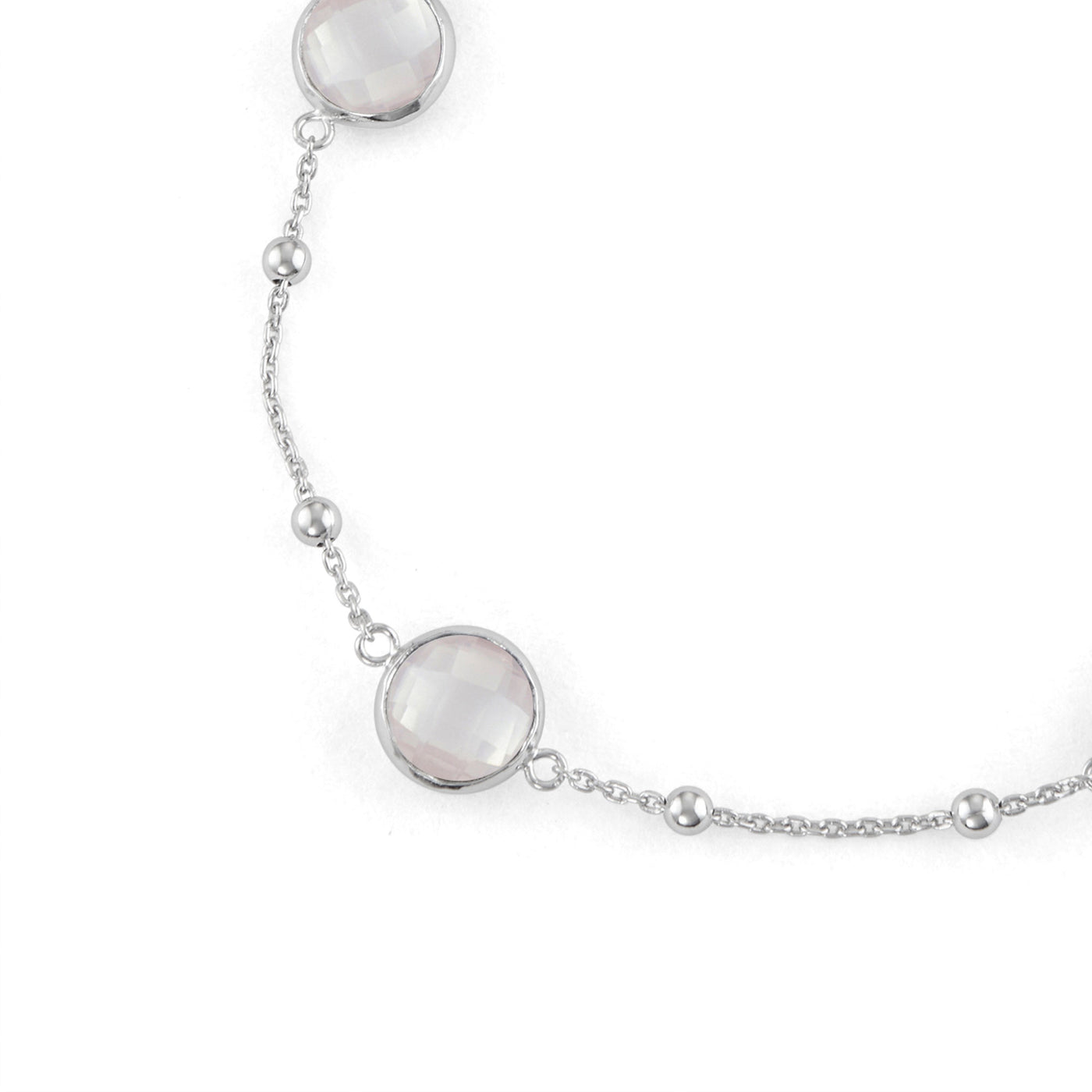Sterling Silver Bezel Bracelet With Small Silver Stations And Rose Quartz Round Gemstones
