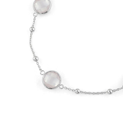 Sterling Silver Bezel Bracelet With Small Silver Stations And Rose Quartz Round Gemstones