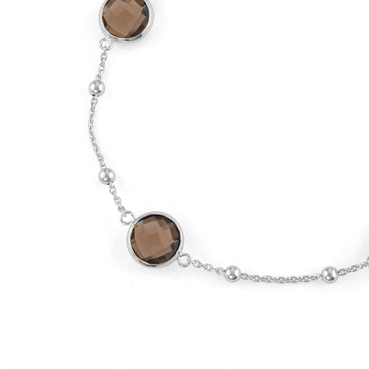 Sterling Silver Bezel Bracelet With Small Silver Stations And Smoky Quartz Round Gemstones