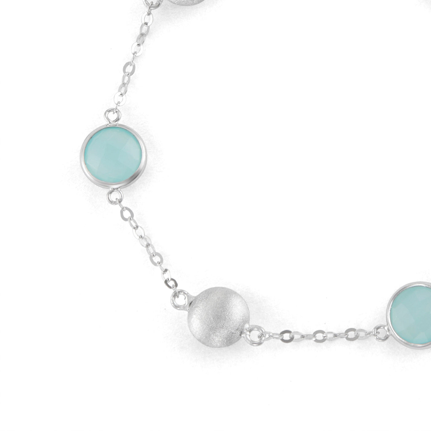 Sterling Silver Bead And Bezel Bracelet With Aqua Chalcedony Round Gemstones