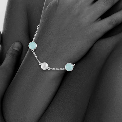 Sterling Silver Bead And Bezel Bracelet With Aqua Chalcedony Round Gemstones