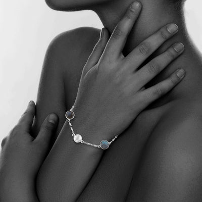 Sterling Silver Bead And Bezel Bracelet With Labadorite Round Gemstones
