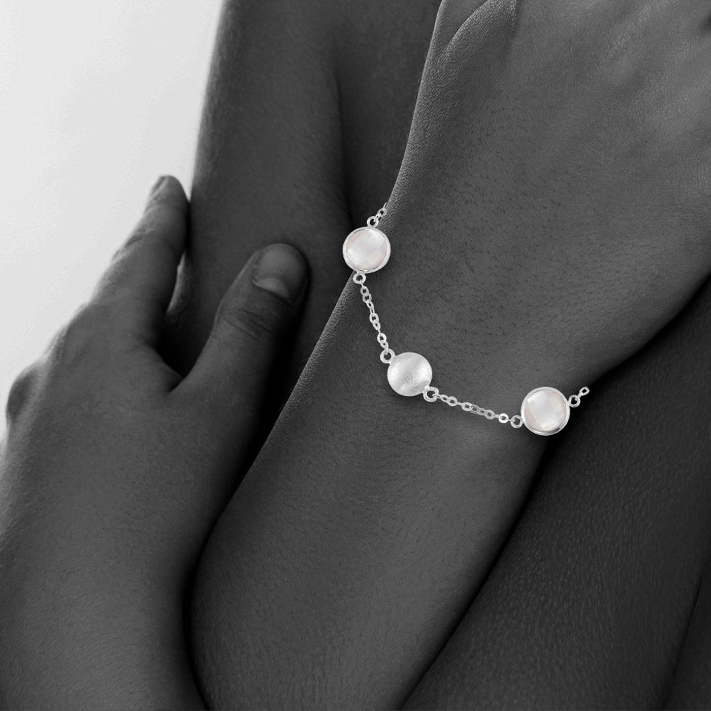 Sterling Silver Bead And Bezel Bracelet With Rose Quartz Round Gemstones