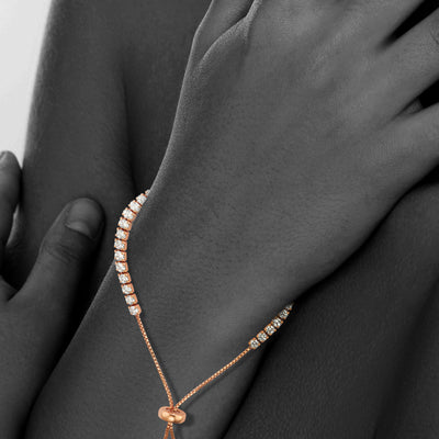 Sterling Silver 14-Kt Rose Gold Plated With Cz Drawstring Tennis Bracelet With Pearls At End