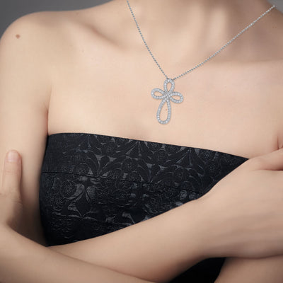 Sterling Silver Large Open Cross With Cz Pendant Necklace