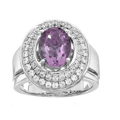 Platinum Plated Sterling Silver Oval Cut Amethyst Double Pave CZ Ring