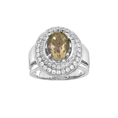 Platinum Plated Sterling Silver Oval Cut Citrine Double Pave CZ Ring