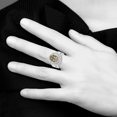 Platinum Plated Sterling Silver Oval Cut Citrine Double Pave CZ Ring