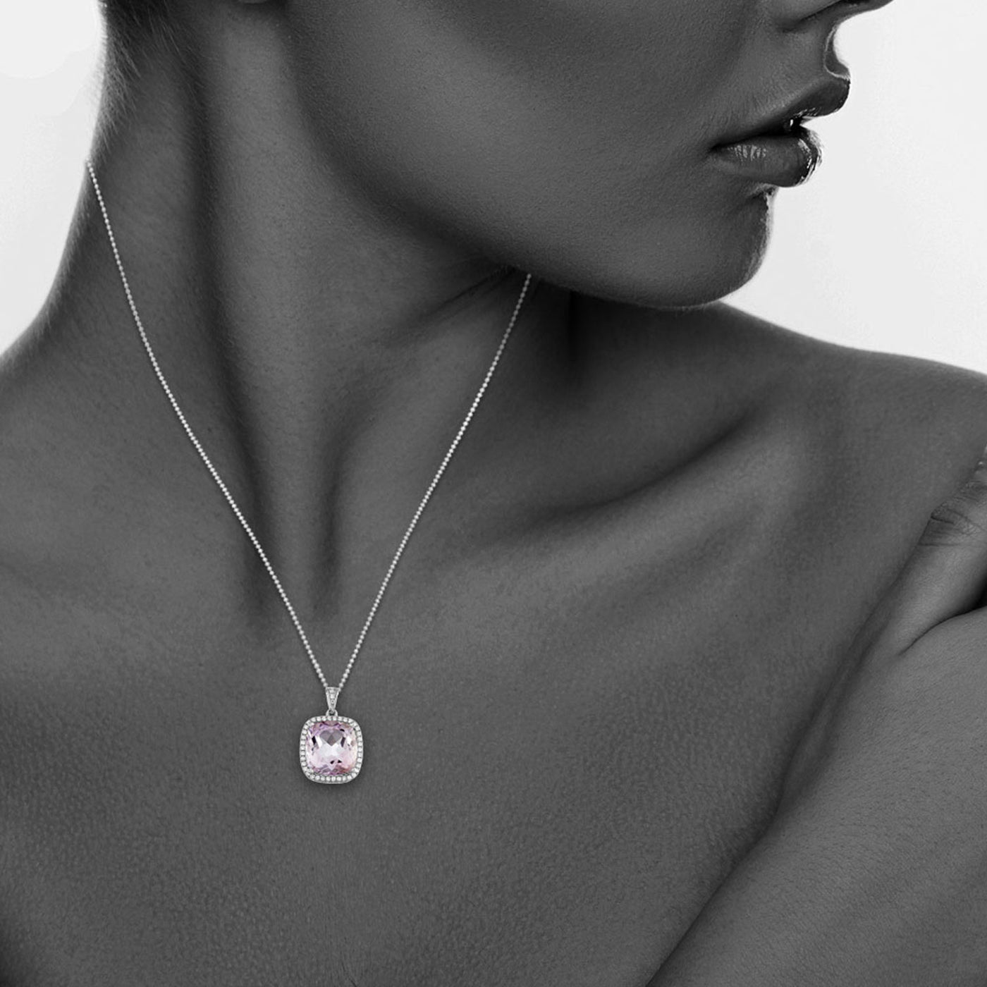 Platinum Plated Sterling Silver Large Cushion Cut Amethyst Pave Cz Pendant Necklace