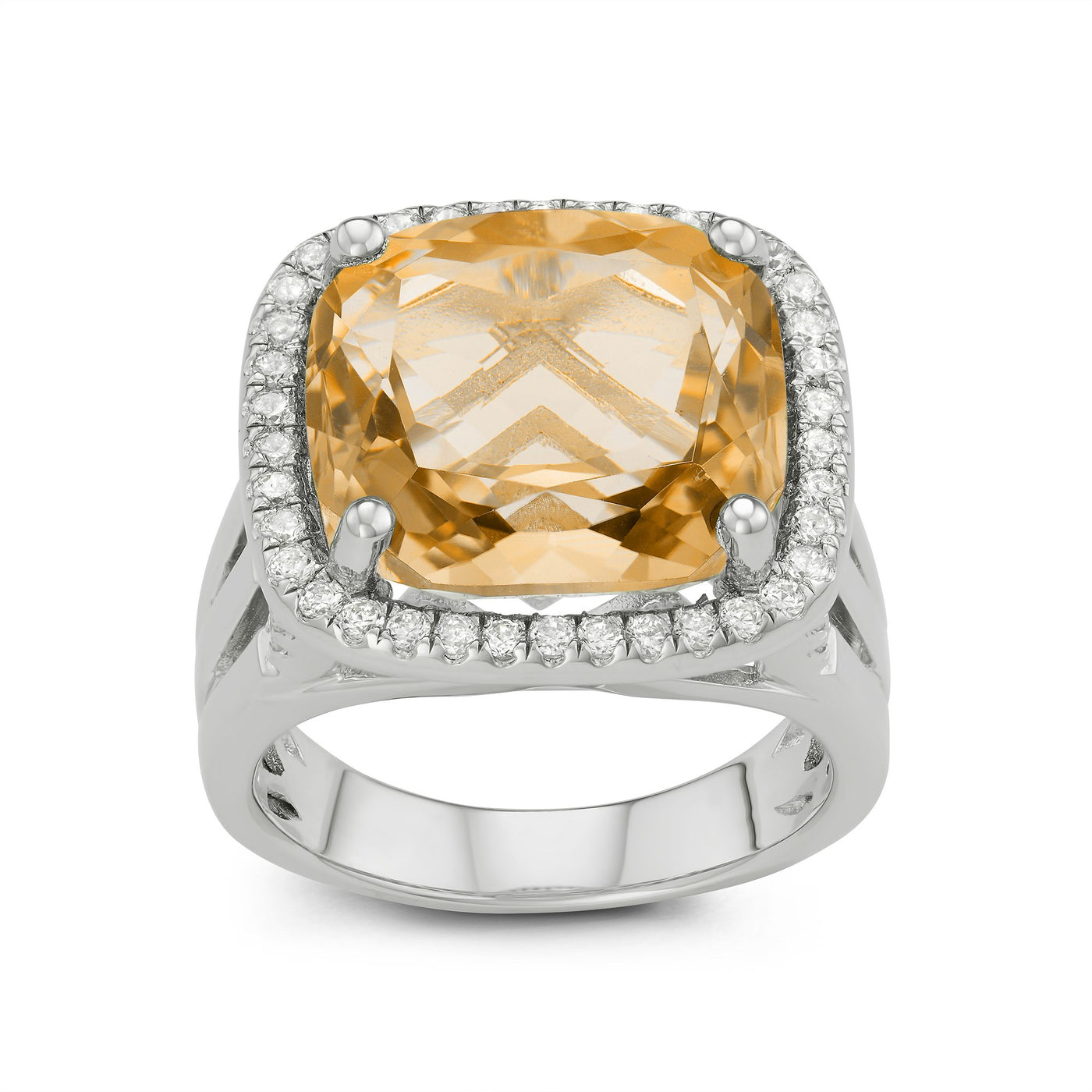 Platinum Plated Sterling Silver Large Cushion Cut Citrine Pave CZ Ring