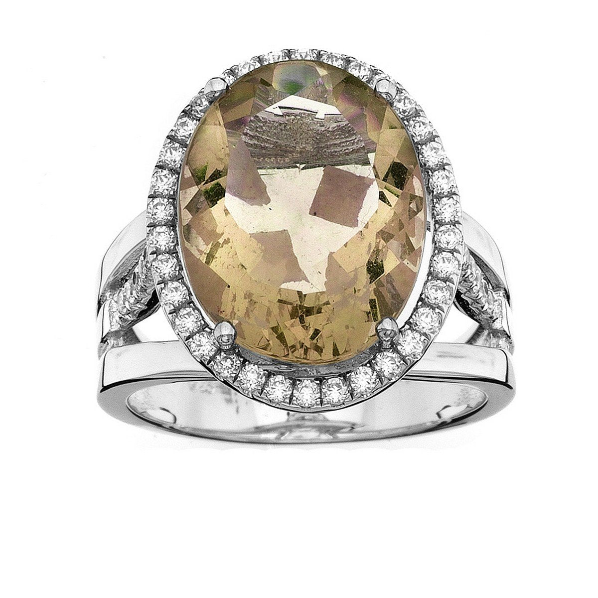 Platinum Plated Sterling Silver Oval Single Cut Citrine Pave CZ Ring
