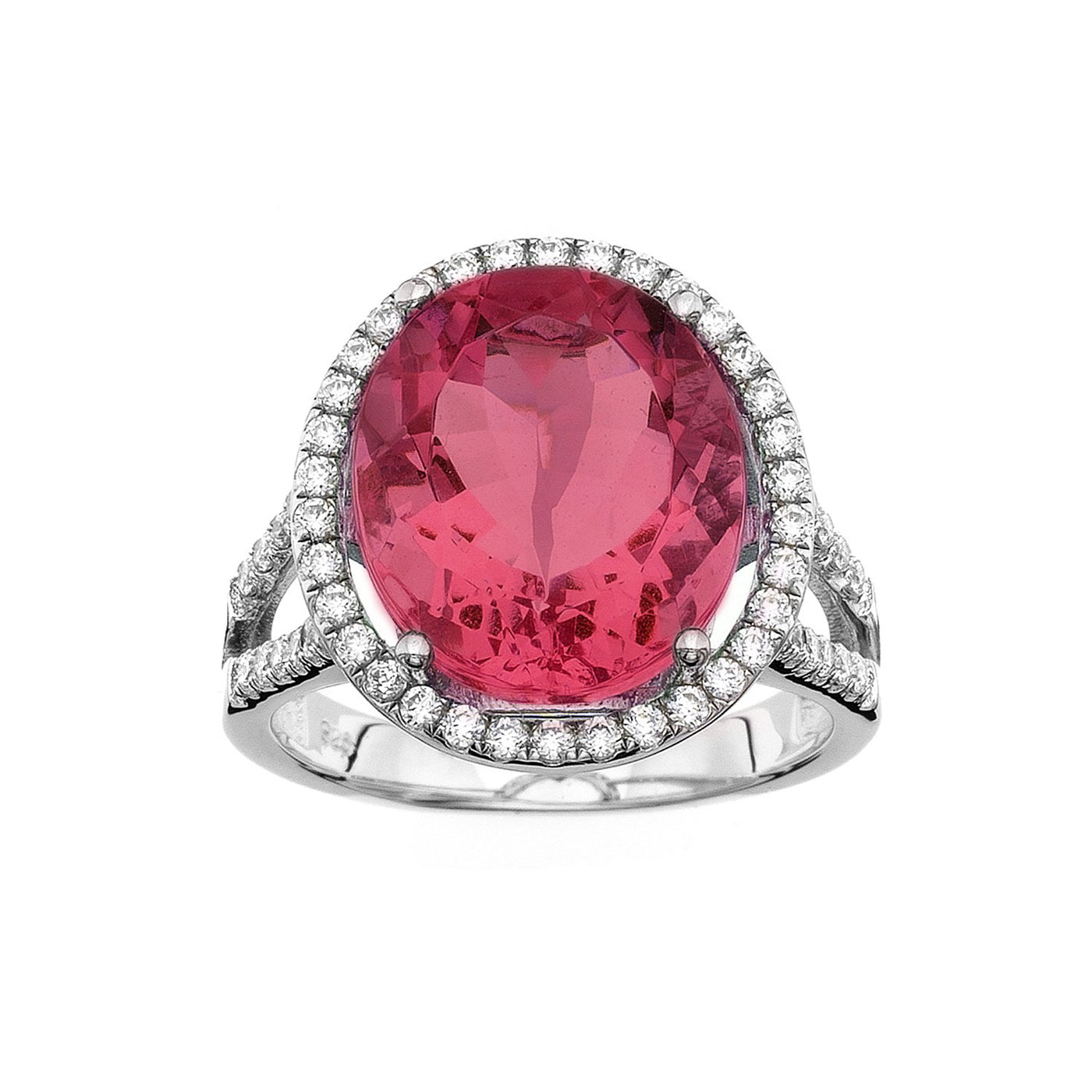Platinum Plated Sterling Silver Large Oval Cut Ruby Corrundum Pave CZ Ring